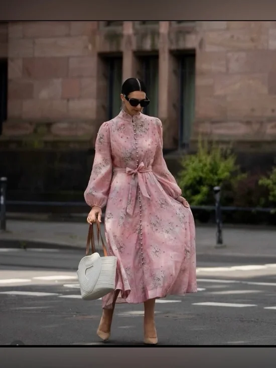 Pink Floral Tie-Waist Long Dress S/M - Picture 3 of 6